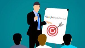 Paperboard avec inscription Google Digital Active dans une salle de formation avec public